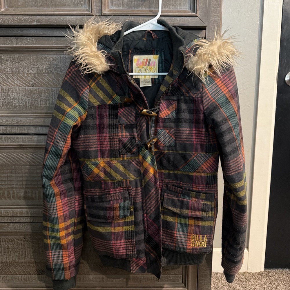 Billabong Plaid Puffer Jacket with Faux Fur Hood